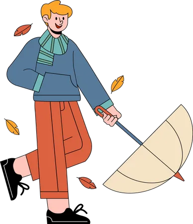 Boy with umbrella enjoy autumn Illustration