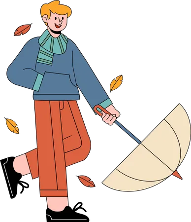 Boy with umbrella enjoy autumn  Illustration