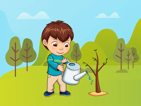 Male Boy In Forest Vector Child Caring For Growing Plants Kiddo Holding Watering Can In Park New Young Tree Growing Leaves Of Botany Grass And Bushes Illustration