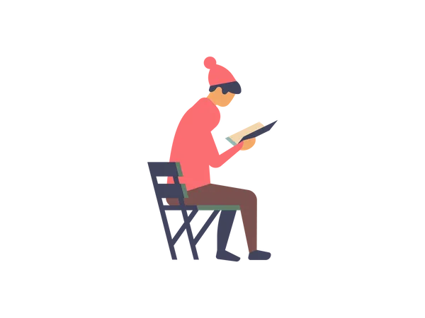 Boy with winter hat sitting on bench and reading book  Illustration