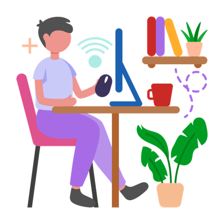 Boy Work Efficiently with Wireless Mouse  Illustration