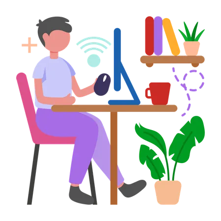 Boy Work Efficiently with Wireless Mouse  Illustration