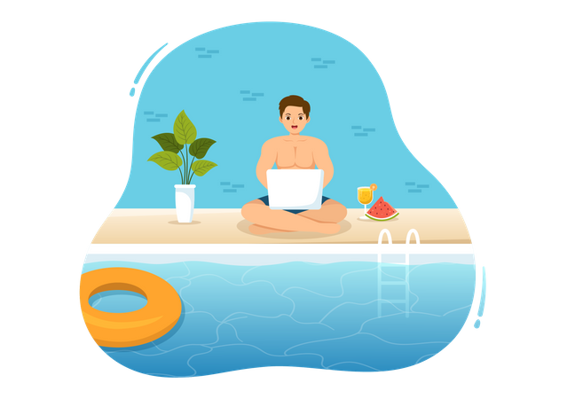 Boy Work From Swimming Pool Illustration