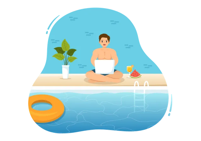 Boy Work From Swimming Pool Illustration