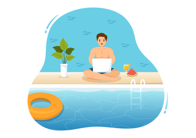 Boy Work From Swimming Pool  Illustration