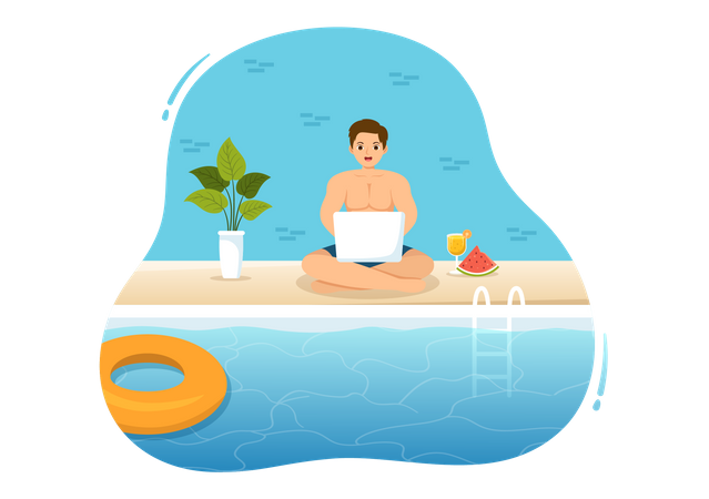 Boy Work From Swimming Pool  Illustration
