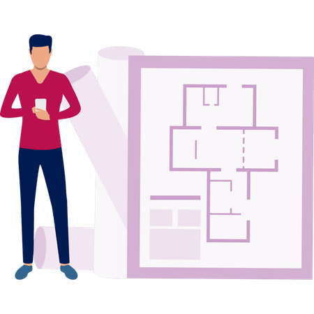 建築設計の計画に取り組む少年  イラスト