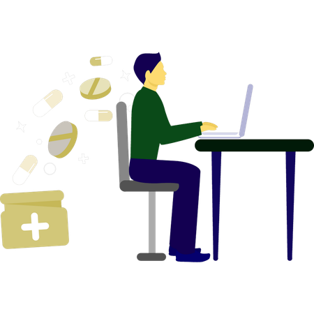 Boy working about medicine on laptop  Illustration