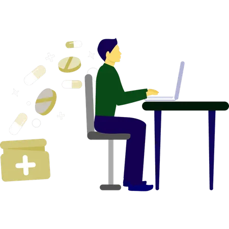 Boy working about medicine on laptop  Illustration