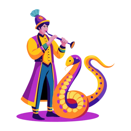 Boy working as snake charmer  Illustration