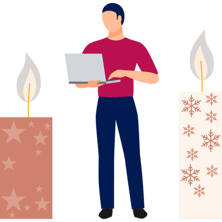 Boy working beside brown candle light  Illustration