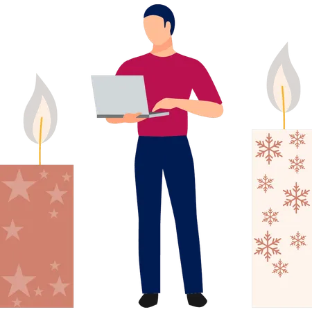 Boy working beside brown candle light  Illustration