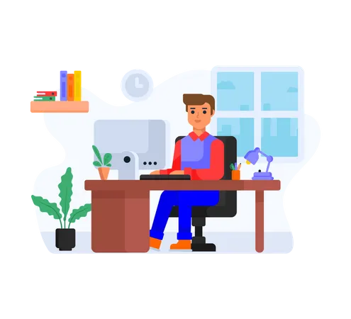 Boy working from home  Illustration