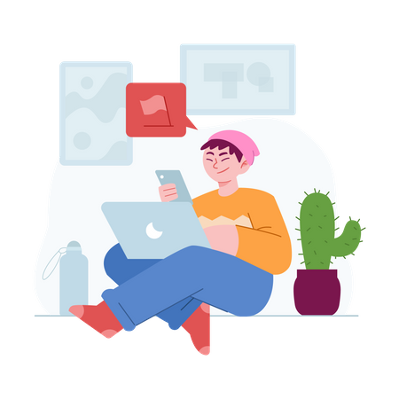 Boy working from home  Illustration