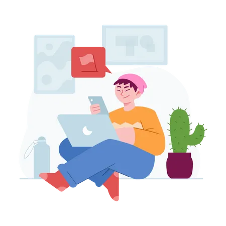 Boy working from home  Illustration