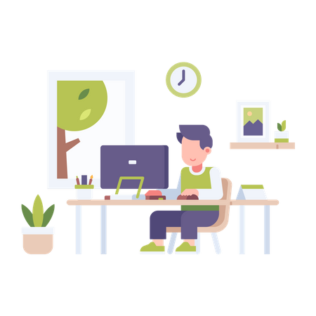 Boy working from home  Illustration