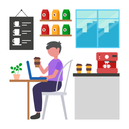 Boy Working In Cafe  Illustration