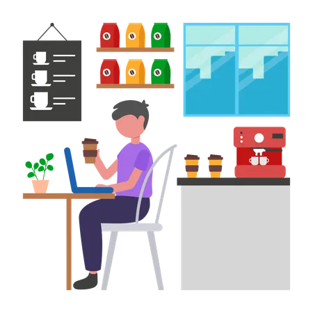 Boy Working In Cafe  Illustration