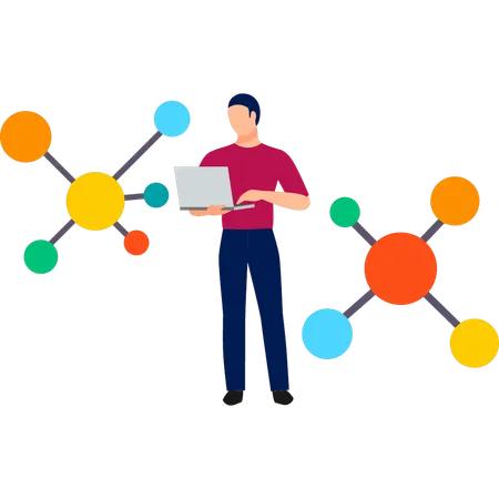 Boy working molecules structure  Illustration