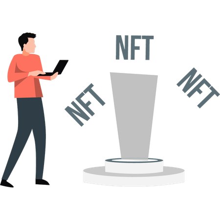 NFT 채굴 과정을 작업하는 소년  일러스트레이션