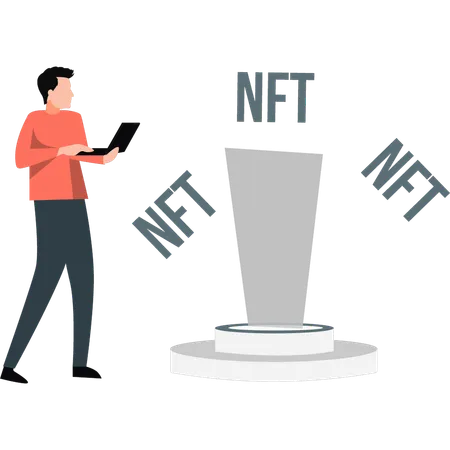 NFT 채굴 과정을 작업하는 소년  일러스트레이션