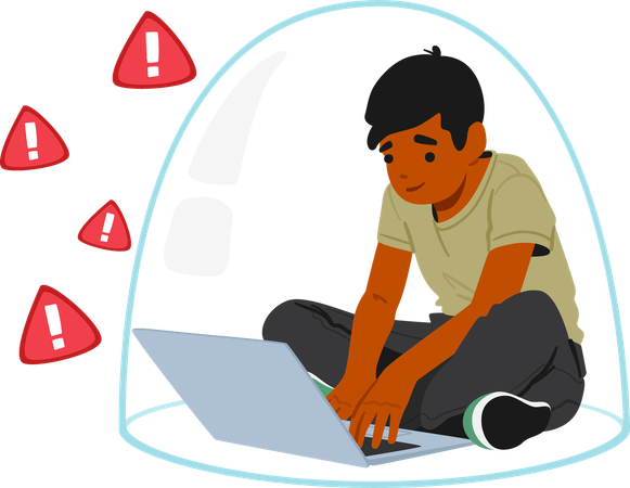 Boy Working On A Laptop While Practicing Web Safety  Illustration