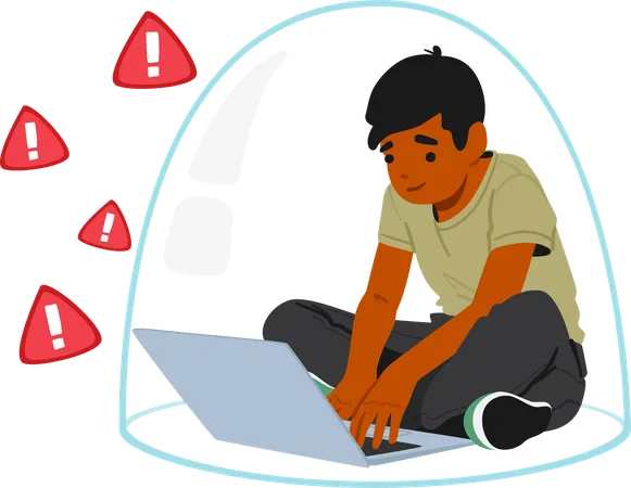 Boy Working On A Laptop While Practicing Web Safety  Illustration