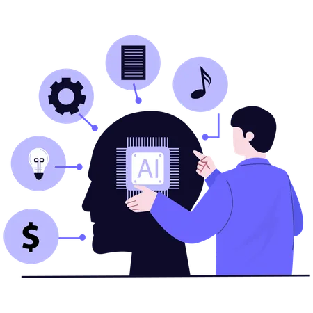 AI 脳モジュールに取り組む少年  イラスト