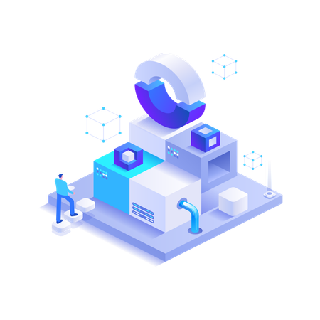 Boy working on blockchain banking  Illustration