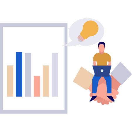 Boy working on business bar graph on laptop  Illustration