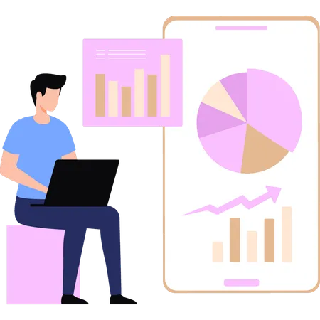 Boy working on business chart graph  Illustration