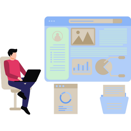 Boy working on business chart graph  Illustration