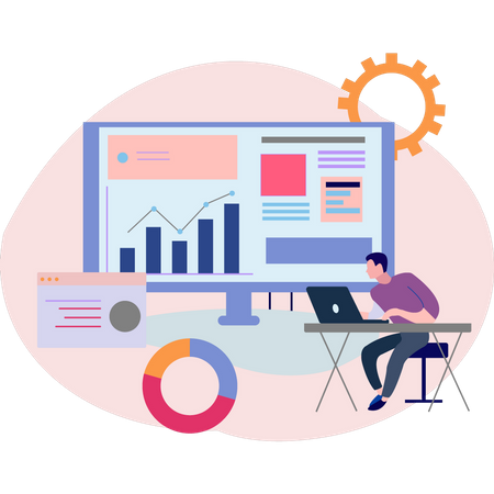 Boy working on business chart graph  Illustration