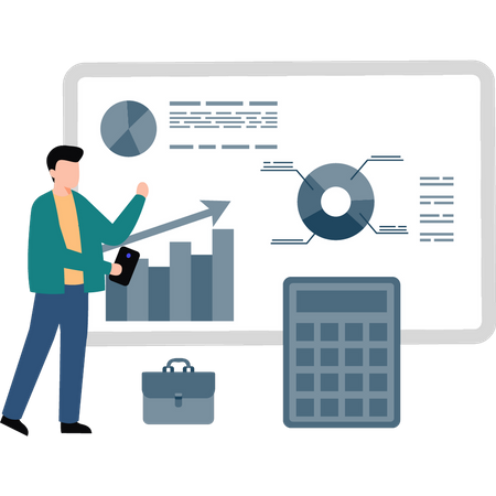 Boy working on business chart graph.  Illustration