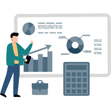 Boy working on business chart graph.  Illustration