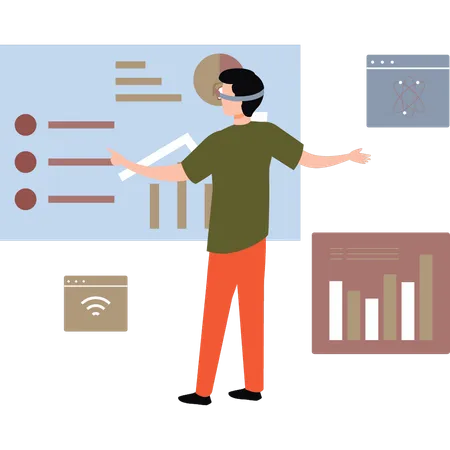 Boy working on chart graph wearing VR  Illustration