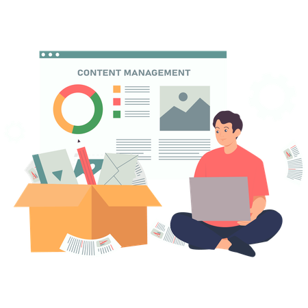 Boy working on content management process  Illustration