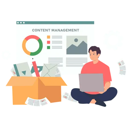 Boy working on content management process  Illustration