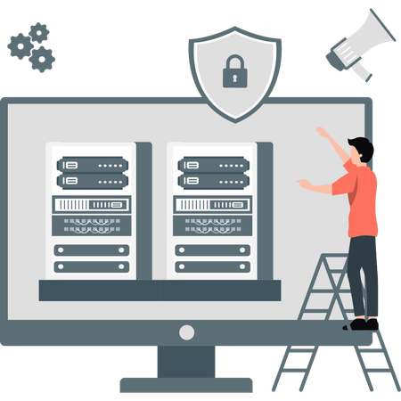 Boy working on data server on monitor  Illustration