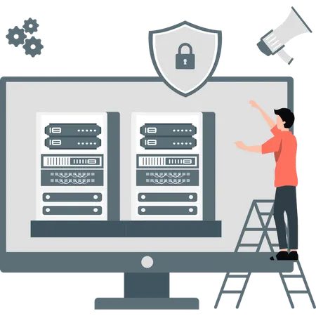 Boy working on data server on monitor  Illustration