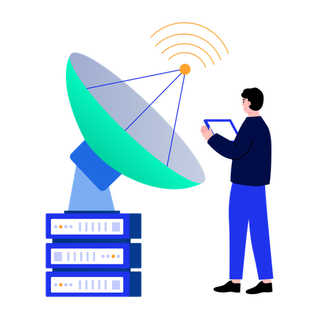 Boy working on database satellite  Illustration