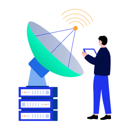Boy working on database satellite  Illustration