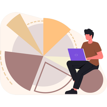 Boy working on different pie chart value  Illustration