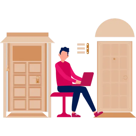 Boy working on door way structure  Illustration