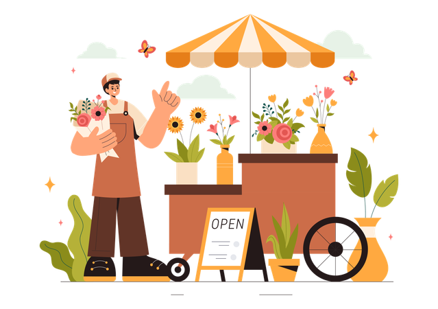 Boy working on flower cart  Illustration