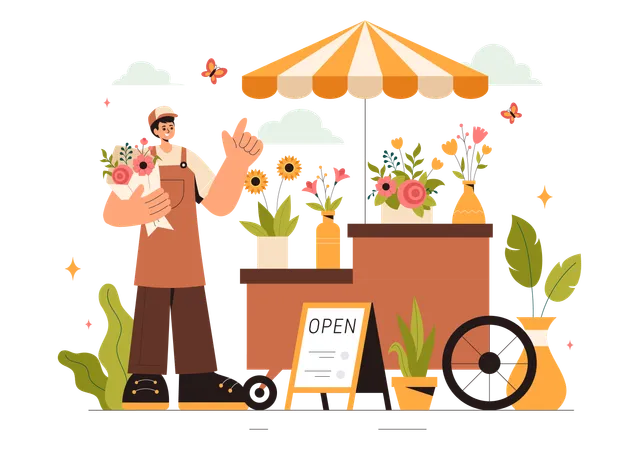 Boy working on flower cart  Illustration