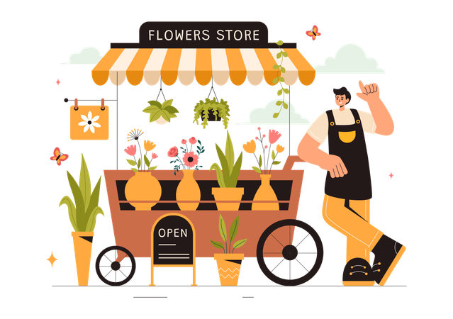 Boy working on flower cart  Illustration