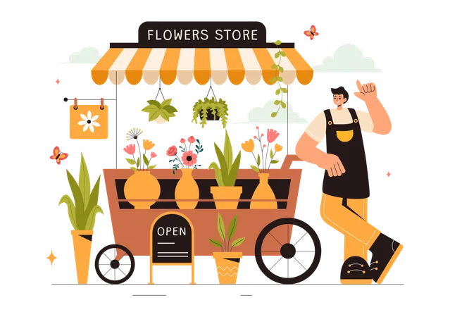 Boy working on flower cart  Illustration