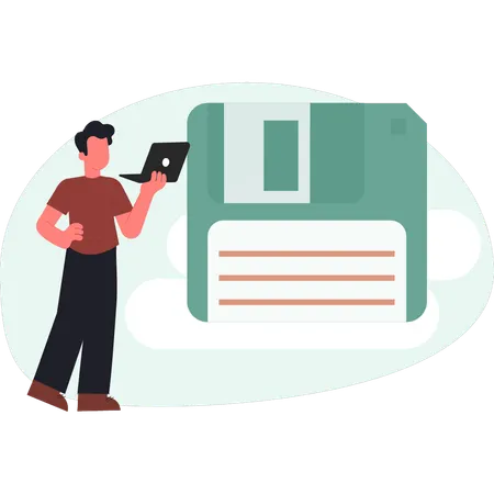 Boy working on free floppy disk  Illustration