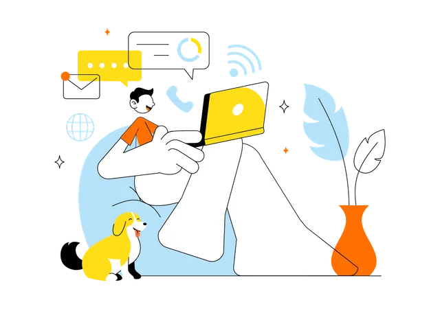 Boy working on Home Remote Working Setup  Illustration
